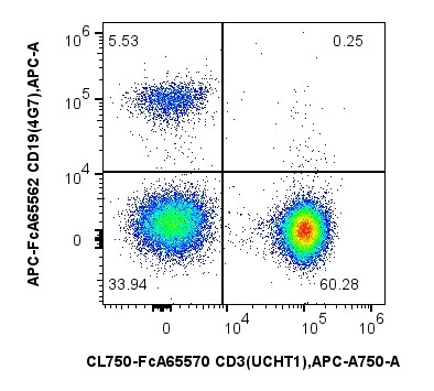 用FcZero-rAb® Human T Cell Basics Panel（PK30051）对1x10^6人外周血单核细胞进行染色。对CD3+/CD19-细胞设门。目标细胞群：CD45+细胞。细胞未固定。