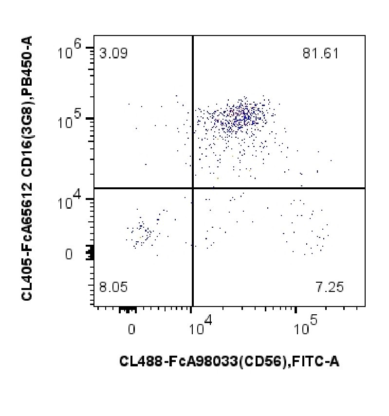 用FcZero-rAb® Human NK Cell Basics Panel（PK30053）对1x10^6人外周血单核细胞进行染色。散点图显示CD3-/CD226+淋巴细胞上CD56和CD16的表达。细胞未固定。