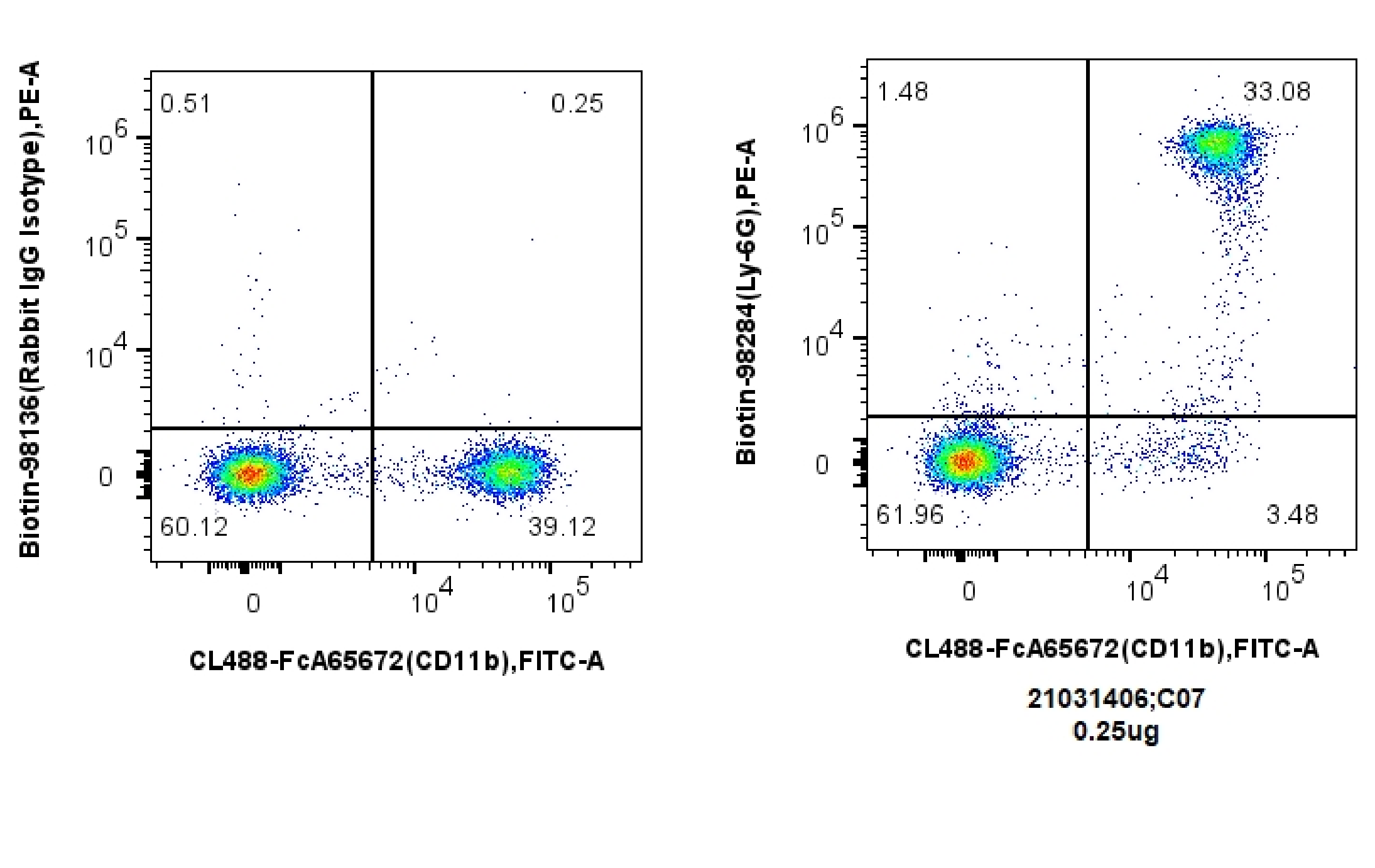 1x10^6 mouse bone marrow cells were surface stained with 0.25 ug Biotin Anti-Mouse Ly-6G Rabbit RecAb (Biotin-98284, Clone: 242141B11) or Biotin Rabbit IgG Isotype Control Recombinant Antibody (Biotin-98136, Clone: 240953C9), and PE-conjugated streptavidin (PE-PF00030), Cells were then stained with FcZero-rAb™ CL488 Anti-Mouse CD11b(CL488-FcA65672, Clone: M1/70), Cells were not fixed. 1x10^6 mouse bone marrow cells were surface stained with 0.25 ug Biotin Anti-Mouse Ly-6G Rabbit RecAb (Biotin-98284, Clone: 242141B11) or Biotin Rabbit IgG Isotype Control Recombinant Antibody (Biotin-98136, Clone: 240953C9), and PE-conjugated streptavidin (PE-PF00030), Cells were then stained with FcZero-rAb™ CL488 Anti-Mouse CD11b(CL488-FcA65672, Clone: M1/70), Cells were not fixed.
