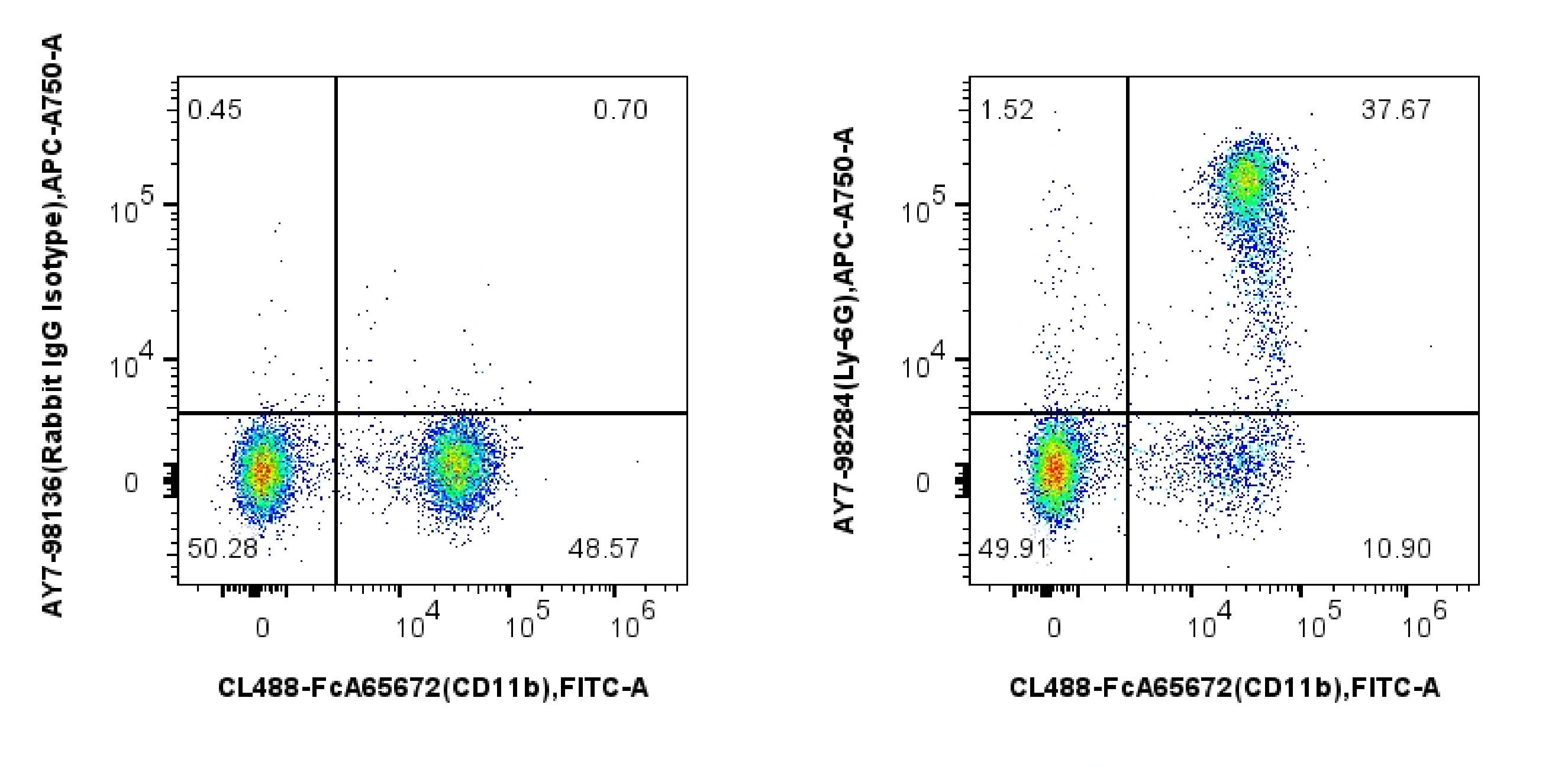 1x10^6 mouse bone marrow cells were surface stained with FcZero-rAb® CoraLite® Plus 488 Anti-Mouse CD11b and 0.1 ug APC-Cyanine7 Anti-Mouse Ly-6G Rabbit RecAb (AY7-98284, Clone: 242141B11) or APC-Cyanine7 Rabbit IgG Isotype Control Recombinant Antibody (AY7-98136, Clone: 240953C9). Cells were incubated with MonoZero™ Monocytes blocking Reagent (PF00020) prior to staining. Cells were not fixed.