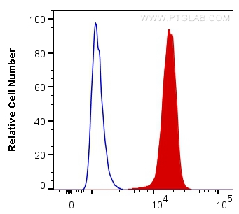 1X10^6 HepG2 cells were intracellularly stained with Anti-human TDP-43 recombinant antibody (80002-1-RR) and 0.2 ug CoraLite®647 Mouse Anti-Rabbit Heavy chain of Rabbit IgG (SA00014-6) (red),  or 0.2 ug Control Antibody. Cells were fixed and permeabilized with Transcription Factor Staining Buffer Kit (PF00011).