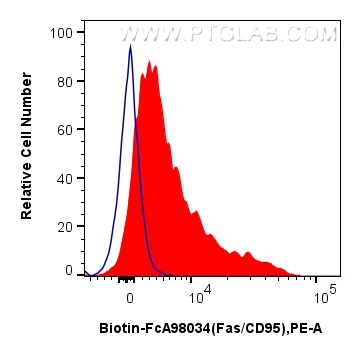 1x10^6 human PBMCs were surface stained with 0.25 ug Biotin Anti-Human Fas/CD95 Rabbit RecAb (Biotin-FcA98034, Clone: 240340E11) (red) or FcZero-rAb™ Biotin Rabbit IgG Isotype Control Recombinant Antibody (<a class='green' href='/productredirect?CatalogNo=Biotin-FcA98136' target='_blank'>Biotin-FcA98136</a>, Clone: 240953C9) (blue), and PE Streptavidin. Cells were not fixed. Lymphocytes were gated. FC experiment of human PBMCs using Biotin-FcA98034