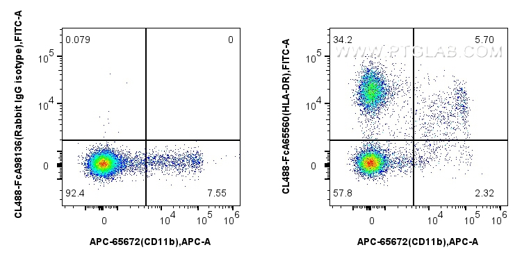 1x10^6 cynomolgus PBMCs were surface stained with APC Anti-Mouse CD11b (M1/70) Rat IgG2a Recombinant Antibody (<a class='green' href='/productredirect?CatalogNo=APC-65672' target='_blank'>APC-65672</a>, Clone: M1/70), and 5 ul CoraLite® Plus 488 Anti-Human HLA-DR (L243) Rabbit IgG RecAb (CL488-FcA65560, Clone: L243) or Rabbit IgG Isotype Control RecAb (CL488-FcA98136, Clone: 240953C9). Cells were not fixed. FC experiment of Cnyo PBMCs using CL488-FcA65560
