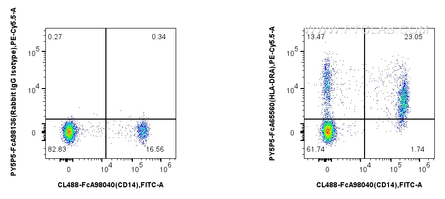 1x10^6 human PBMCs were surface stained with 5 ul FcZero-rAb™ CoraLite® Plus 488 Anti-Human CD14 Rabbit Recombinant Antibody (CL488-FcA98040, Clone: 230332D7), and 5 ul PE-Cyanine5.5 Anti-Human HLA-DR (L243) Rabbit IgG RecAb (PY5P5-FcA65560, Clone: L243) or FcZero-rAb™ PE-Cyanine5.5 Rabbit IgG Isotype Control Recombinant Antibody (PY5P5-FcA98136, Clone: 240953C9). Cells were not fixed. FC experiment of human PBMCs using PY5P5-FcA65560