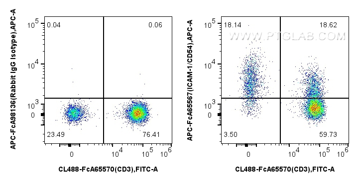 1x10^6 human PBMCs were surface stained with FcZero-rAb™ CoraLite® Plus 488 Anti-Human CD3 (UCHT1), and 5 ul APC Anti-Human ICAM-1/CD54 (15.2) Rabbit IgG RecAb (APC-FcA65567, Clone: 15.2) or APC Rabbit IgG Isotype Control RecAb (<a class='green' href='/productredirect?CatalogNo=APC-FcA98136' target='_blank'>APC-FcA98136</a>, Clone: 240953C9). Cells were not fixed. Lymphocytes were gated. FC experiment of human PBMCs using APC-FcA65567