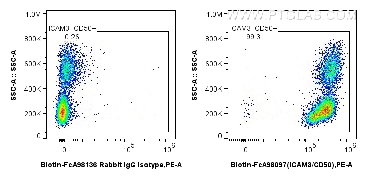 1x10^6 human PBMCs were surface stained with 0.25 ug Biotin Anti-Human ICAM3/CD50 Rabbit RecAb (Biotin-FcA98097, Clone: 241418E8) or FcZero-rAb™ Biotin Rabbit IgG Isotype Control Recombinant Antibody (<a class='green' href='/productredirect?CatalogNo=Biotin-FcA98136' target='_blank'>Biotin-FcA98136</a>, Clone: 240953C9), and Streptavidin-PE Conjugate (<a class='green' href='/productredirect?CatalogNo=PE-PF00030' target='_blank'>PE-PF00030</a>). Cells were not fixed. FC experiment of human PBMCs using Biotin-FcA98097