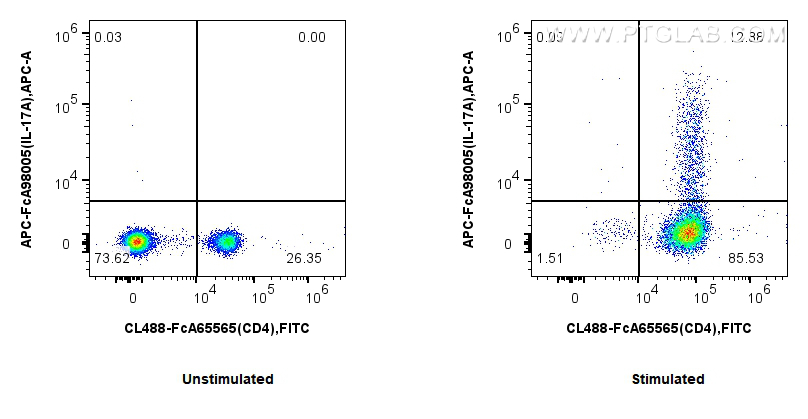 1x10^6 untreated or PMA and ionomycin treated C57BL/6 Th17-polarized splenocytes were intracellularly stained with FcZero-rAb™ CoraLite® Plus 488 Anti-Mouse CD4 and 0.1 ug APC Anti-Mouse IL-17A Rabbit RecAb (APC-FcA98005, Clone:230038C7). Cells were fixed and permeabilized with Intracellular Flow Cytometry Fixation & Permeabilization Buffer Kit (<a class='green' href='/productredirect?CatalogNo=PF00019' target='_blank'>PF00019</a>). FC experiment of C57BL/6 Th17-polarized splenocytes using APC-FcA98005