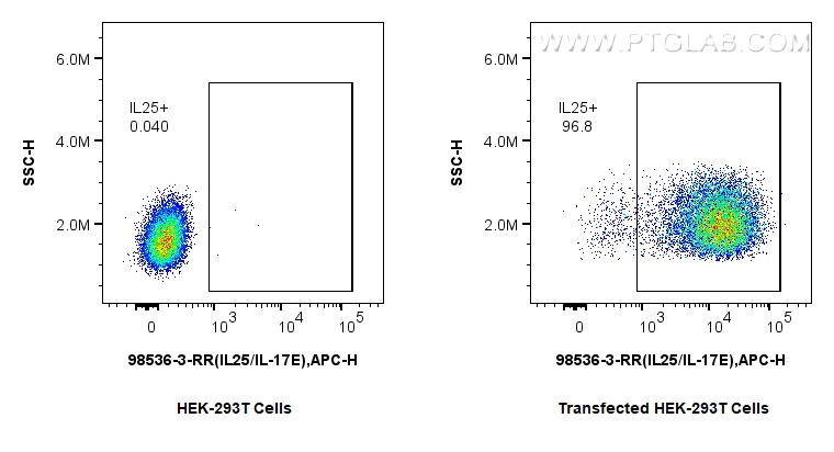 1x10^6 HEK-293T cells or IL-25/IL-17E transfected HEK-293T cells were intracellularly stained with 0.25 ug Anti-Mouse IL-25/IL-17E Rabbit RecAb (98536-3-RR, Clone: 250033D3) and Multi-rAb CoraLite ® Plus 647-Goat Anti-Rabbit Recombinant Secondary Antibody (H+L) (RGAR005). Cells were fixed with 4% PFA and permeabilized with Flow Cytometry Perm Buffer. FC experiment of Transfected HEK-293T using 98536-3-RR