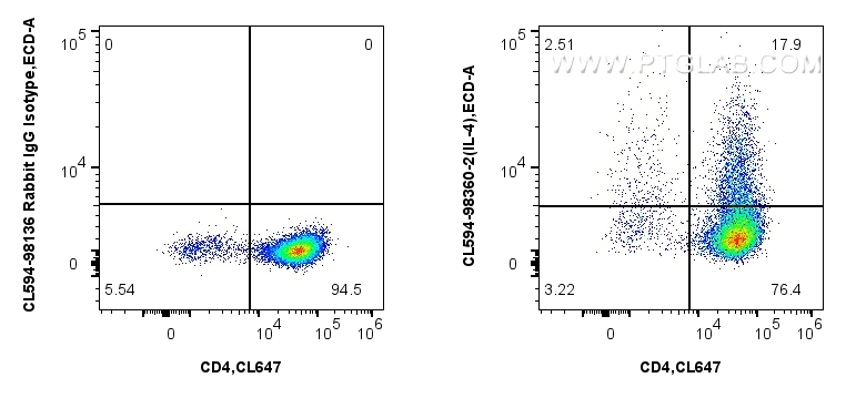 1x10^6 PMA, Ionomycin and Brefeldin A treated C57BL/6 Th2-polarized splenocytes were intracellularly stained with CoraLite® Plus 647 Anti-Mouse CD4, and 0.25 ug CoraLite®594 Anti-Mouse IL-4 Rabbit RecAb (CL594-98360-2, Clone: 242736G8) or CoraLite®594 Rabbit IgG Isotype Control RecAb (<a class='green' href='/productredirect?CatalogNo=CL594-98136' target='_blank'>CL594-98136</a>, Clone: 240953C9). Cells were fixed and permeabilized with Intracellular Flow Cytometry Fixation & Permeabilization Buffer Kit (<a class='green' href='/productredirect?CatalogNo=PF00019' target='_blank'>PF00019</a>). FC experiment of C57BL/6 Th2-polarized splenocytes using CL594-98360-2