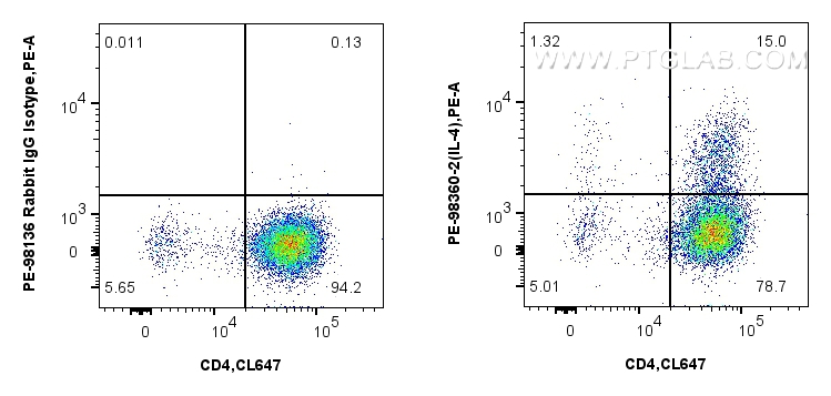1x10^6 PMA, Ionomycin and Brefeldin A treated C57BL/6 Th2-polarized splenocytes were intracellularly stained with CoraLite® Plus 647 Anti-Mouse CD4, and 0.06 ug PE Anti-Mouse IL-4 Rabbit RecAb (PE-98360-2, Clone: 242736G8) or PE Rabbit IgG Isotype Control RecAb (<a class='green' href='/productredirect?CatalogNo=PE-98136' target='_blank'>PE-98136</a>, Clone: 240953C9). Cells were fixed and permeabilized with Intracellular Flow Cytometry Fixation & Permeabilization Buffer Kit (<a class='green' href='/productredirect?CatalogNo=PF00019' target='_blank'>PF00019</a>). FC experiment of C57BL/6 Th2-polarized splenocytes using PE-98360-2
