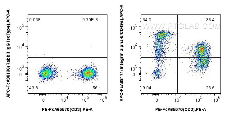 1x10^6 human PBMCs were surface stained with PE Anti-Human CD3 (UCHT1), and 5 ul APC Anti-Human Integrin alpha-5/CD49e Rabbit RecAb (APC-FcA98171, Clone: 241685D4) or APC Rabbit IgG Isotype Control RecAb (<a class='green' href='/productredirect?CatalogNo=APC-FcA98136' target='_blank'>APC-FcA98136</a>, Clone: 240953C9). Cells were not fixed. FC experiment of human PBMCs using APC-FcA98171