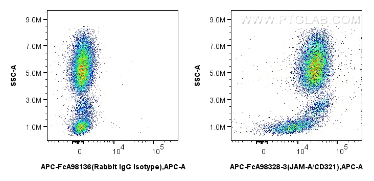 1x10^6 human peripheral blood leukocytes were surface stained with 5 ul APC Anti-Human JAM-A/CD321 Rabbit RecAb (APC-FcA98328-3, Clone: 242290B3) or APC Rabbit IgG Isotype Control RecAb (<a class='green' href='/productredirect?CatalogNo=APC-FcA98136' target='_blank'>APC-FcA98136</a>, Clone: 240953C9). Cells were not fixed. FC experiment of human peripheral blood leukocytes using APC-FcA98328-3