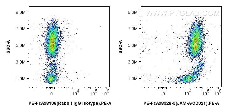 1x10^6 human peripheral blood leukocytes were surface stained with 5 ul PE Anti-Human JAM-A/CD321 Rabbit RecAb (PE-FcA98328-3, Clone: 242290B3) or PE Rabbit IgG Isotype Control RecAb (<a class='green' href='/productredirect?CatalogNo=PE-FcA98136' target='_blank'>PE-FcA98136</a>, Clone: 240953C9). Cells were not fixed. FC experiment of human peripheral blood leukocytes using PE-FcA98328-3