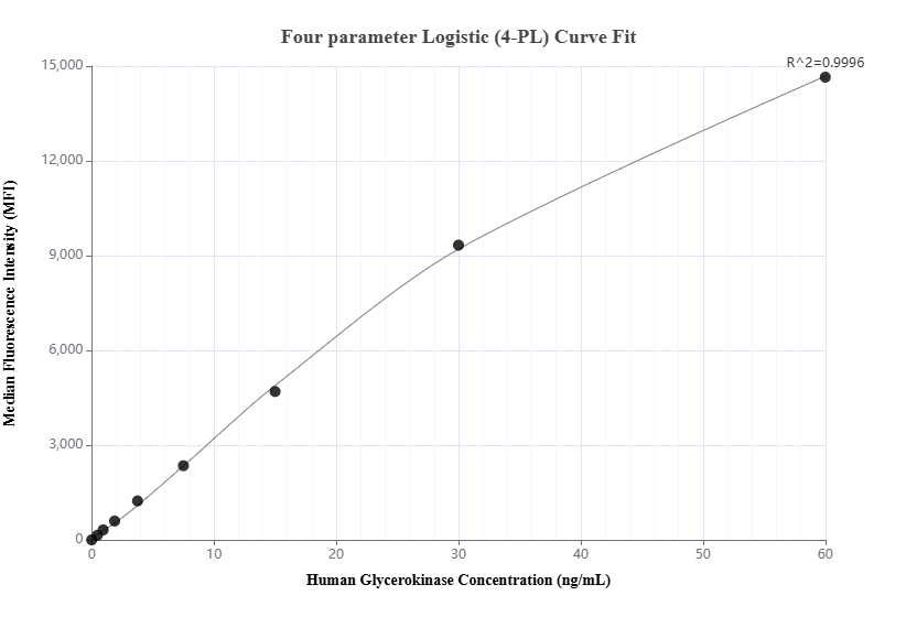 Cytometric bead array standard curve of MP02544-1, Glycerokinase Recombinant Matched Antibody Pair, PBS Only. Capture antibody: 86604-1-PBS. Detection antibody: 86604-2-PBS. Standard: Ag4175. Range: 0.469-60 ng/mL.