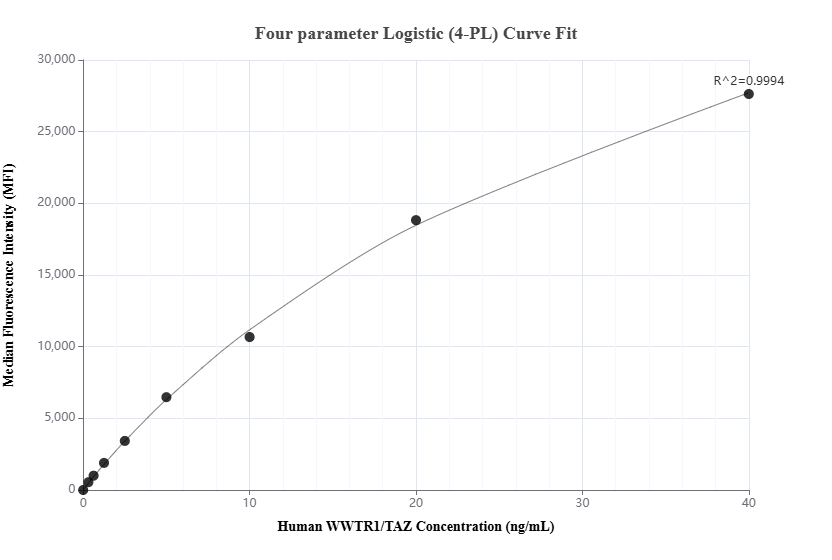 Cytometric bead array standard curve of MP02851-1, WWTR1/TAZ Recombinant Matched Antibody Pair, PBS Only. Capture antibody: 85245-4-PBS. Detection antibody: 85245-3-PBS. Standard: Eg6470. Range: 0.312-40 ng/mL.