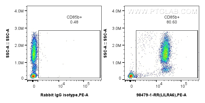 FC experiment of human peripheral blood leukocyte using 98479-1-RR (same clone as 98479-1-PBS) FC experiment of human peripheral blood leukocyte using 98479-1-RR (same clone as 98479-1-PBS)