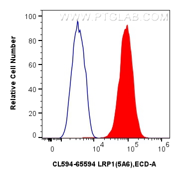1x10^6 U-87 MG cells were surface stained with 5 ul CoraLite®594 Anti-Human LRP1 (5A6) Mouse IgG2a RecAb (CL594-65594, Clone:5A6) (red) or CoraLite®594 Mouse IgG2a Isotype Control (C1.18.4) (<a class='green' href='/productredirect?CatalogNo=CL594-65208' target='_blank'>CL594-65208</a>, Clone: C1.18.4) (blue). Cells were not fixed. FC experiment of U-87 MG using CL594-65594