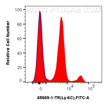 1x10^6 mouse bone marrow cells were surface stained with 0.5 ug Anti-Mouse Ly-6C (HK1.4) Rat IgG2a RecAb (<a class='green' href='/productredirect?CatalogNo=65669-1-TR' target='_blank'>65669-1-TR</a>, Clone: HK1.4) (red) or 0.5 ug Rat IgG2a Isotype Control Recombinant Antibody (<a class='green' href='/productredirect?CatalogNo=98427-1-TR' target='_blank'>98427-1-TR</a>, Clone: 250862A1) (blue), and FITC anti-Rat IgG2a antibody. Cells were not fixed. This data was developed using the same antibody clone with 65669-1-PBS in a different storage buffer formulation. FC experiment of mouse bone marrow cells using 65669-1-TR (same clone as 65669-1-PBS)