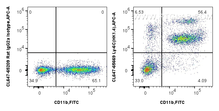 1x10^6 mouse bone marrow cells were surface stained with FITC Plus Anti-Mouse CD11b, and 0.25 ug CoraLite® Plus 647 Anti-Mouse Ly-6C (HK1.4) Rat IgG2a RecAb (CL647-65669, Clone: HK1.4) or CoraLite® Plus 647 Rat IgG2a Isotype Control (2A3) (<a class='green' href='/productredirect?CatalogNo=CL647-65209' target='_blank'>CL647-65209</a>, Clone: 2A3). Cells were not fixed. FC experiment of mouse bone marrow cells using CL647-65669