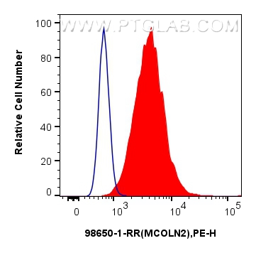 1x10^6 U2OS cells were surface stained with 0.25 ug Anti-Human MCOLN2 Rabbit RecAb (<a class='green' href='/productredirect?CatalogNo=98650-1-RR' target='_blank'>98650-1-RR</a>, Clone:251091D10) (red), or 0.25 ug Rabbit IgG Isotype Control RecAb (<a class='green' href='/productredirect?CatalogNo=98136-1-RR' target='_blank'>98136-1-RR</a>, Clone: 240953C9) (blue) and PE-conjugated Goat Anti-Rabbit IgG. Cells were not fixed. This data was developed using the same antibody clone with 98650-1-PBS in a different storage buffer formulation. FC experiment of U-2 OS using 98650-1-RR (same clone as 98650-1-PBS)