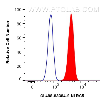 1x10^6 THP-1 cells were intracellularly stained with 0.4 ug CoraLite® Plus 488-conjugated NLRC5 Recombinant monoclonal antibody (CL488-83384-2, Clone:240338D8)(red), or 0.4 ug CoraLite® Plus 488 Rabbit IgG Isotype Control RecAb (<a class='green' href='/productredirect?CatalogNo=CL488-98136' target='_blank'>CL488-98136</a>, Clone: 240953C9) (blue). Cells were fixed and permeabilized with Intracellular Flow Cytometry Fixation & Permeabilization Buffer Kit (<a class='green' href='/productredirect?CatalogNo=PF00019' target='_blank'>PF00019</a>). FC experiment of THP-1 using CL488-83384-2