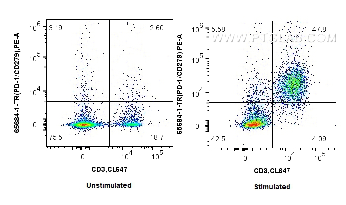 1x10^6 untreated or anti-CD3/CD28 treated mouse splenocytes were surface stained with 0.25 ug Anti-Mouse PD-1/CD279 (RMP1-14) Rat IgG2a RecAb (65684-1-TR, Clone:RMP1-14) and PE anti-rat IgG2a Antibody. Cells were then stained with CoraLite® Plus 647 Anti-Mouse CD3. Cells were not fixed. FC experiment of mouse splenocytes using 65684-1-TR