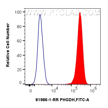 1x10^6 HepG2 cells were intracellularly stained with 0.25 ug PHGDH Recombinant monoclonal antibody (81986-1-RR, Clone:5L16) and CoraLite®488-Conjugated Goat Anti-Rabbit IgG(H+L) (<a class='green' href='/productredirect?CatalogNo=SA00013-2' target='_blank'>SA00013-2</a>)(red), or 0.25 ug Isotype Control (blue). Cells were fixed and permeabilized with Intracellular Flow Cytometry Fixation & Permeabilization Buffer Kit (<a class='green' href='/productredirect?CatalogNo=PF00019' target='_blank'>PF00019</a>). FC experiment of HepG2 using 81986-1-RR