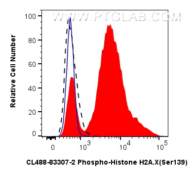 1x10^6 Jurkat cells untreated (dashed lines) or treated with Staurosporine  which intracellularly stained with 0.13 ug Coralite® Plus 488 Phospho-Histone H2a.X (Ser139) Recombinant Antibody (CL488-83307-2, Clone:5N19)(red),  or 0.13 ug CoraLite® Plus 488 Rabbit IgG Isotype Control RecAb (<a class='green' href='/productredirect?CatalogNo=CL488-98136' target='_blank'>CL488-98136</a>, Clone: 240953C9) (blue). Cells were fixed and permeabilized with Flow Cytometry Phosphorylated Protein Fixation/Permeabilization Kit (<a class='green' href='/productredirect?CatalogNo=PF00026' target='_blank'>PF00026</a>). FC experiment of Jurkat using CL488-83307-2