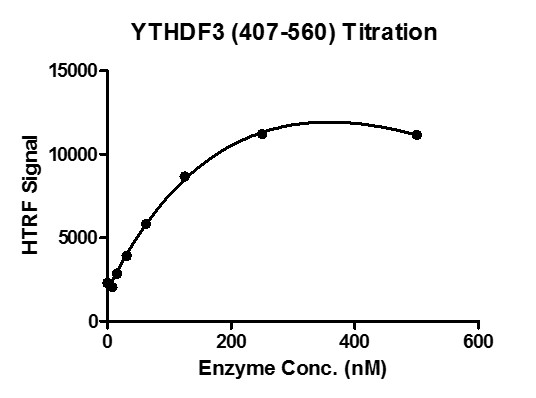 HTRF for YTHDF3 (407-560) activity 3 uM oligo m6A ssDNA (GTTGG/m6A/CTT) was incubated with different concentrations of YTHDF3 (407-560) protein in a 10 ul reaction system containing 50 mM HEPES-NaOH pH 7.5, 0.1% BSA for 1 hour, then 10 ul FLAG antibody and SA-XL665 mixture (1:100 dilution in the same buffer) was added to each reaction system and incubated for 30 min. All the operations and reactions were performed at room temperature. HTRF assay was used for detection. HTRF for YTHDF3 (407-560) activity 3 uM oligo m6A ssDNA (GTTGG/m6A/CTT) was incubated with different concentrations of YTHDF3 (407-560) protein in a 10 ul reaction system containing 50 mM HEPES-NaOH pH 7.5, 0.1% BSA for 1 hour, then 10 ul FLAG antibody and SA-XL665 mixture (1:100 dilution in the same buffer) was added to each reaction system and incubated for 30 min. All the operations and reactions were performed at room temperature. HTRF assay was used for detection.