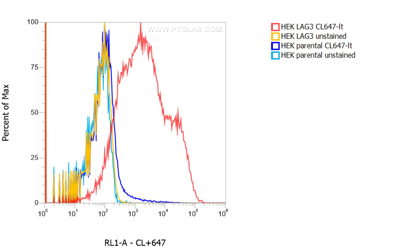 1X10^6 HEK LAG3 transient transfected cells (red) and HEK parental cells were surface stained with 0.25 µg CoraLite® Plus 647 conjugated-LAG3 VHH (CL647-lt). Cells were not fixed.