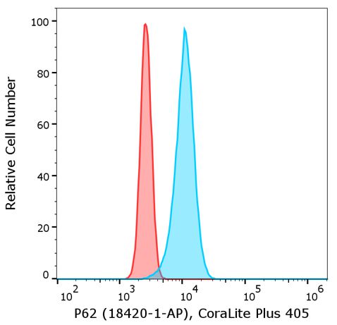 Flow cytometry of PBMC. 1X10^6 human peripheral blood mononuclear cells (PBMCs) were intracellularly stained with 0.5 µg anti-human P62 (SQSTM1) antibody (18420-1-AP) labeled with FlexAble CoraLite® Plus 405 Kit (KFA006, cyan) or with 0.5 µg isotype control antibody labeled with FlexAble CoraLite® Plus 405 Kit (KFA006, red).