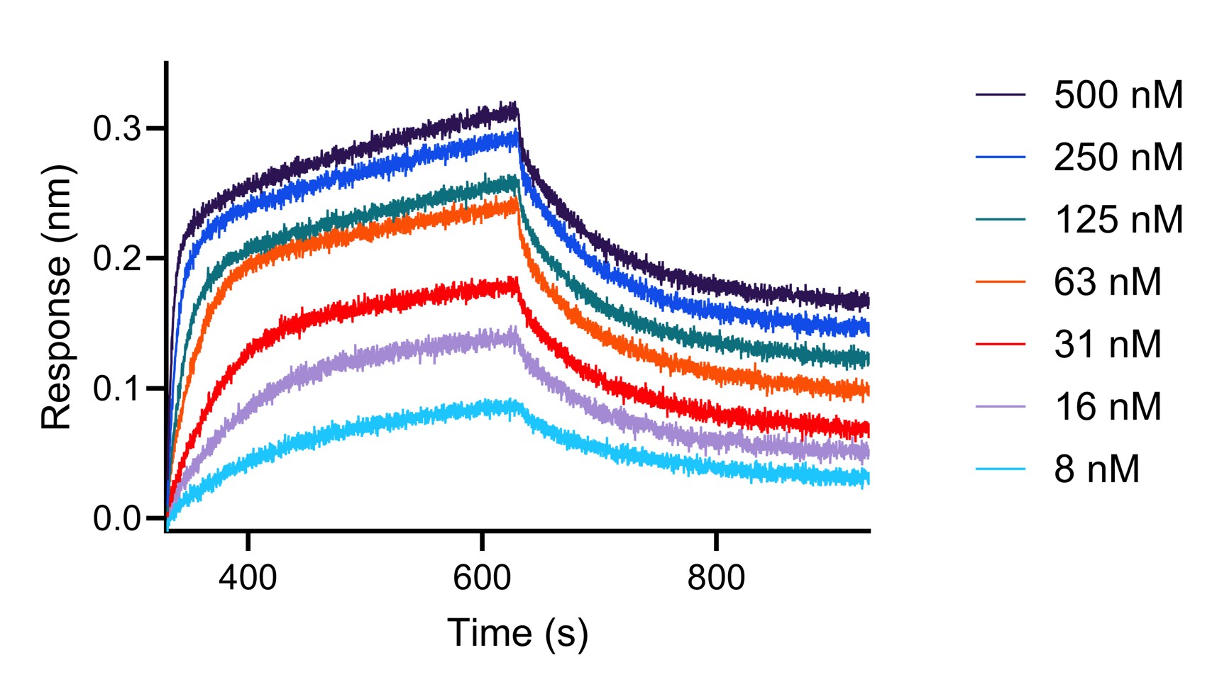 <b>Affinity Data</b><br/>
BLI analysis of the interaction between varying concentrations of anti-CD4 recombinant VHH (MG-1229CC, Clone: CTK0242) and immobilized, biotinylated CD4 protein.