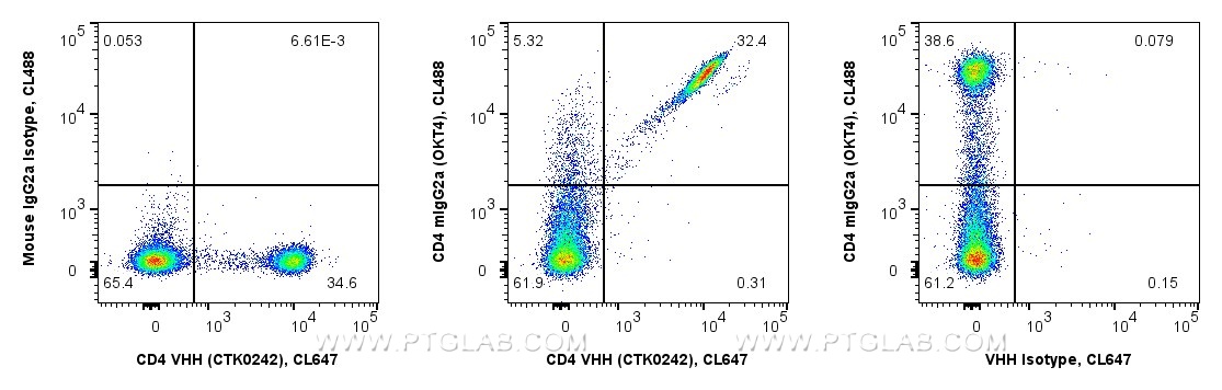 <b>Human PBMCs competitively co-stained with anti-CD4 recombinant VHH and anti-CD4 OKT4 in Flow Cytometry</b>
<br/>1x10^6 human PBMCs were surface co-stained in 100 µL with 0.25 µg anti-CD4 recombinant VHH, CoraLite® Plus 647 (MG-1229CL647, Clone: CTK0242) mixed with 5 µL Anti-Human CD4, CoraLite® Plus 488 (CL488-65603, Clone: OKT4) (middle). As controls 0.25 µg VHH were co-stained with 0.2 µg Mouse IgG2a Isotype Control, CoraLite® Plus 488 (CL488-65208, Clone: C1.18.4) (left), and 5 µL SK3 were co-stained with 0.25 µg recombinant VHH Isotype Control, CoraLite® Plus 647 (Clone: CTK0201, right). Fc-receptors were blocked. Viability Dye (PD00002) was used. Cells were not fixed. Viable lymphocytes were gated. 
Anti-Human CD4 recombinant VHH clone CTK0242 effectively co-stains the same CD4+ population as the conventional Anti-Human CD4 Mouse IgG2a clone OKT4. Unaltered signal intensity of the CD4 VHH-positive stained cells co-stained with OKT4 compared to CD4 VHH-positive stained cells co-stained with the mIgG2a Isotype Control indicate that CD4 binding of the VHH does not interfere with OKT4 and both epitopes are distant enough to not cause CL488 to CL647 FRET.