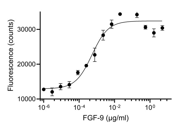 ELISA analysis of the capture of varying concentrations of HumanKine FGF-9 (HZ-1329) by biotinylated anti-FGF-9 VHH (fgf9-b). Detection via rabbit polyclonal PTG 26554-1-AP.
