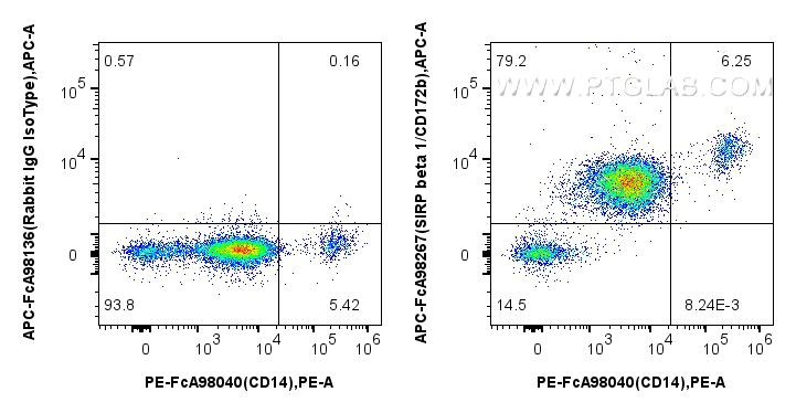 1x10^6 human peripheral blood leukocytes were surface stained with PE Anti-Human CD14, and 5 ul APC Anti-Human SIRP beta 1/CD172b Rabbit RecAb (APC-FcA98267, Clone: 242115C10) or APC Rabbit IgG Isotype Control RecAb (<a class='green' href='/productredirect?CatalogNo=APC-FcA98136' target='_blank'>APC-FcA98136</a>, Clone: 240953C9). Cells were not fixed. FC experiment of human peripheral blood leukocytes using APC-FcA98267