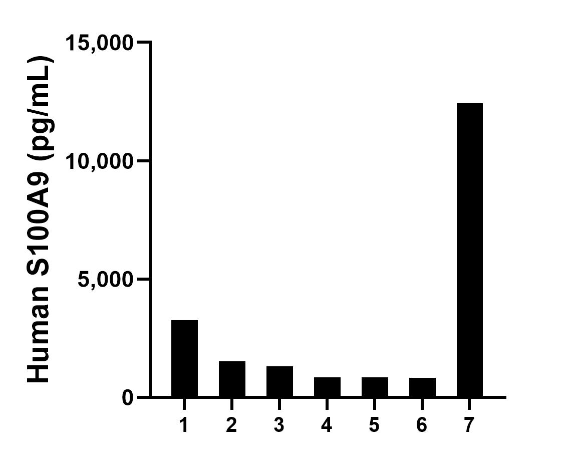 Serum of seven individual healthy human donors was measured. The S100A9 concentration of detected samples was determined to be 3,005.7 pg/mL with a range of 818.9-12,431.7 pg/mL.	