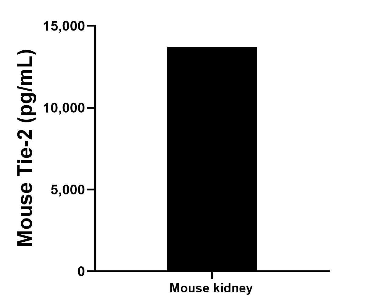 One mouse kidney was cultured in RPMI 1640 supplemented with 10% fetal bovine serum, 50 μM β-mercaptoethanol, 2 mM L-glutamine, and 100 μg/mL of streptomycin sulfate. An aliquot of the cell culture supernatant was removed, assayed for mouse Tie-2 and measured 13,696.0 pg/mL. Sample test of MP01351-2