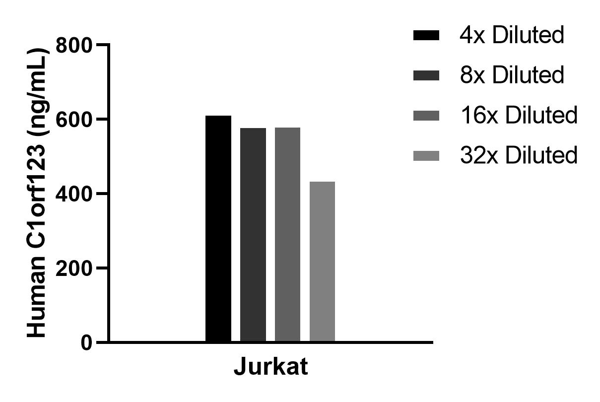The mean C1orf123 concentration was determined to be 579.7 ng/mL in Jurkat cell extract based on a 1.2 mg/mL extract load. Sample test of MP01473-1