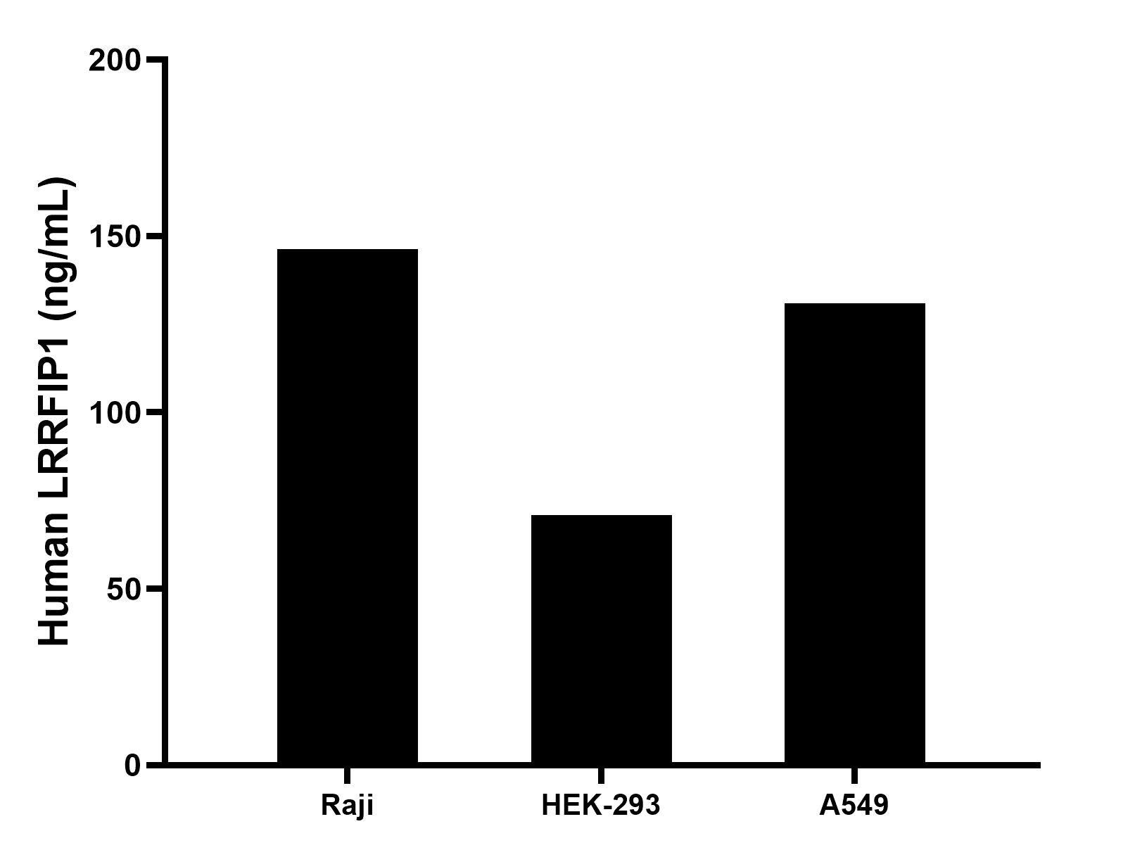The mean LRRFIP1 concentration was determined to be 146.23 ng/mL in Raji cell extract based on a 1.4 mg/mL extract load, 70.95 ng/mL in HEK-293 cell extract based on a 1.2 mg/mL extract load and 131.01 ng/mL in A549 cell extract based on a 2.5 mg/mL extract load.		