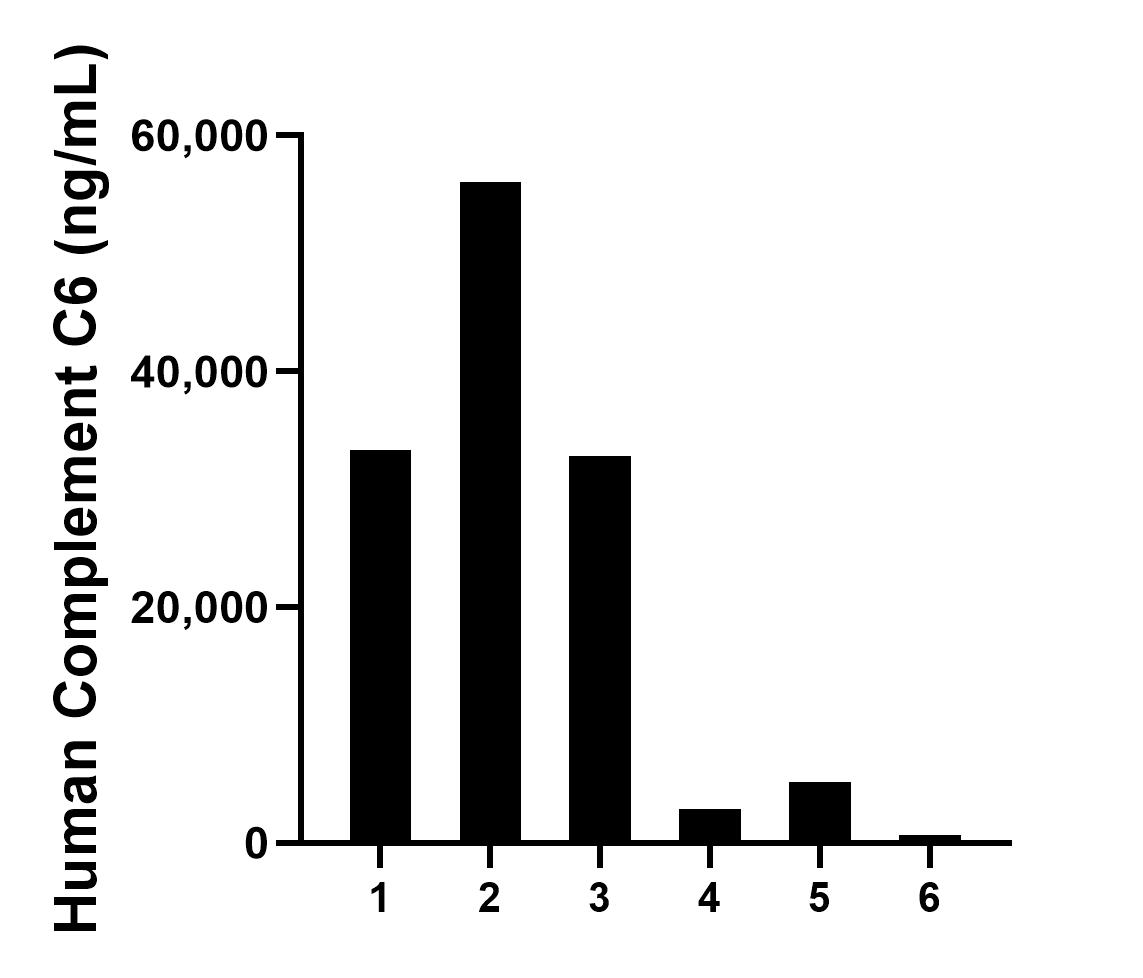 Serum of six individual healthy human donors was measured. The Complement C6 concentration of detected samples was determined to be 21,824.0 ng/mL with a range of 676.5-56,025.2 ng/mL. Sandwich ELISA sample test of MP02310-2