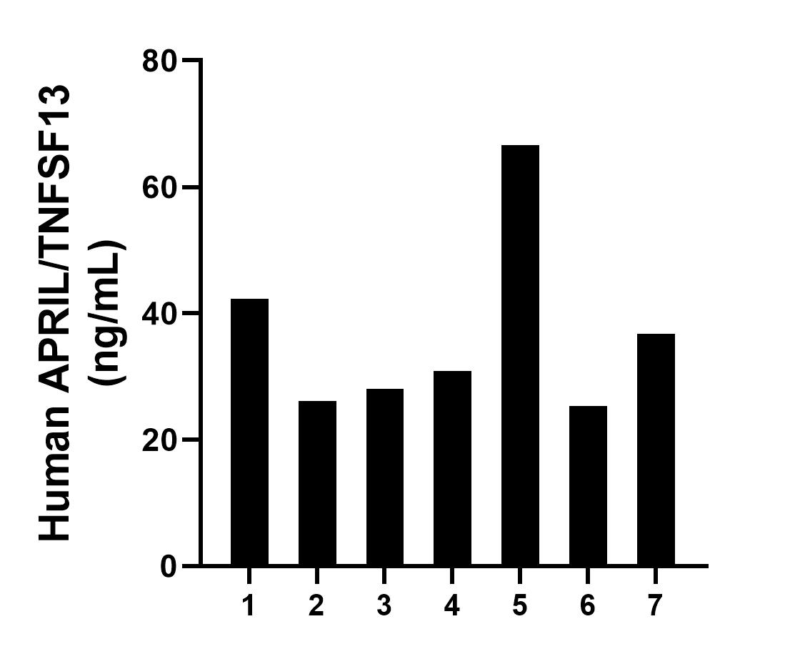 Plasma of seven individual healthy human donors was measured. The human APRIL/TNFSF13 concentration of detected samples was determined to be 36.57 ng/mL with a range of 25.3 - 66.6 ng/mL. Plasma of seven individual healthy human donors was measured. The human APRIL/TNFSF13 concentration of detected samples was determined to be 36.57 ng/mL with a range of 25.3 - 66.6 ng/mL.