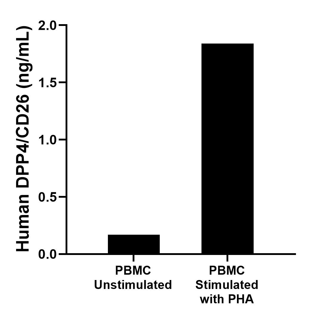 Human peripheral blood mononuclear cells (PBMC) were cultured unstimulated or stimulated with 10 μg/mL PHA for 5 days. The mean DPP4/CD26 concentration was determined to be 0.17 ng/mL in unstimulated PBMC supernatant, 1.84 ng/mL in PHA stimulated PBMC supernatant.