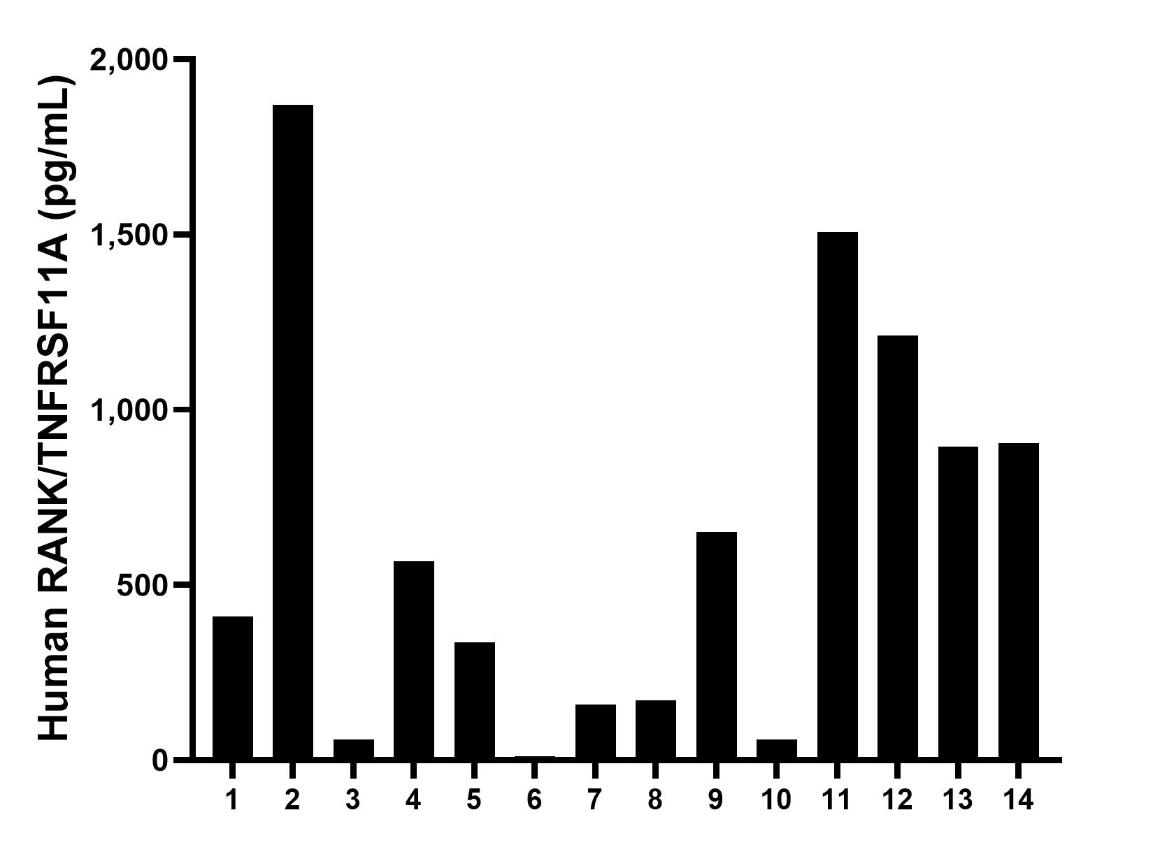 Plasma of fourteen individual healthy human donors was measured. The RANK/TNFRSF11A concentration of detected samples was determined to be 628.83 pg/mL with a range of 10.20-1,869.97 pg/mL. Plasma of fourteen individual healthy human donors was measured. The RANK/TNFRSF11A concentration of detected samples was determined to be 628.83 pg/mL with a range of 10.20-1,869.97 pg/mL.