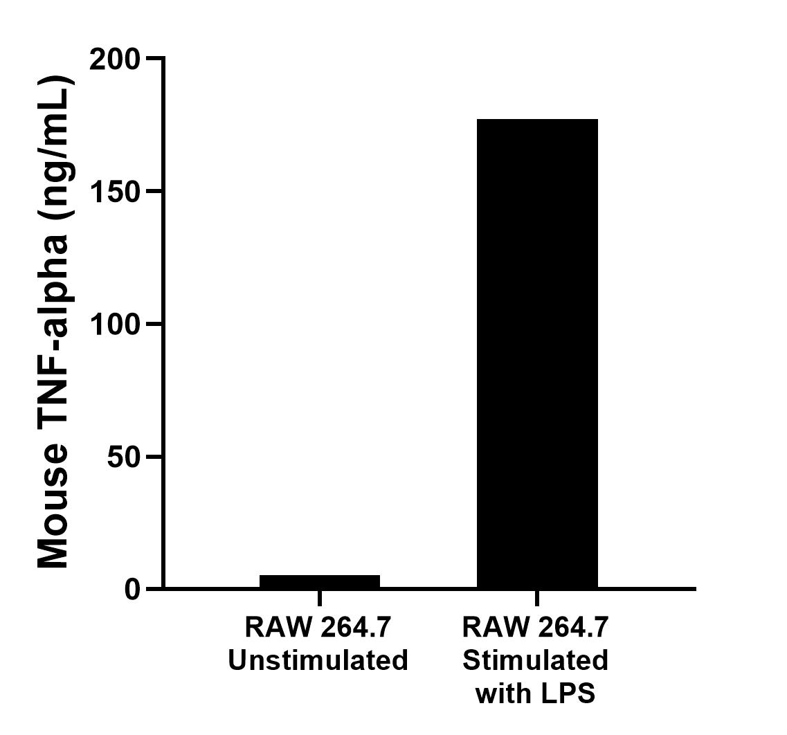 RAW 264.7 cells were cultured unstimulated or stimulated with 1 μg/mL LPS for 4 days. The mean TNF-alpha concentration was determined to be 5.2 ng/mL in unstimulated supernatant, 177.2 ng/mL in LPS stimulated supernatant. RAW 264.7 cells were cultured unstimulated or stimulated with 1 μg/mL LPS for 4 days. The mean TNF-alpha concentration was determined to be 5.2 ng/mL in unstimulated supernatant, 177.2 ng/mL in LPS stimulated supernatant.