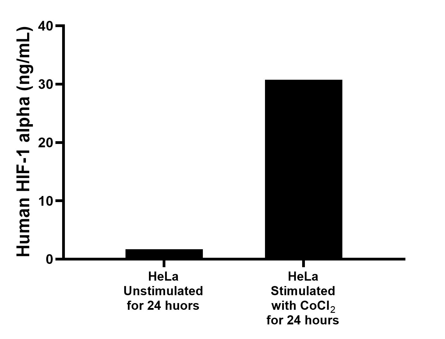 HeLa cells were cultured unstimulated or stimulated with 400 uM CoCl2 for 24 hours. The mean HIF-1 alpha concentration was determined to be 1.7 ng/mL in unstimulated Hela cell extract based on a 2.3 mg/mL extract load and 30.8 ng/mL in CoCl2 stimulated Hela cell extract based on a 1.6 mg/mL extract load. HeLa cells were cultured unstimulated or stimulated with 400 uM CoCl2 for 24 hours. The mean HIF-1 alpha concentration was determined to be 1.7 ng/mL in unstimulated Hela cell extract based on a 2.3 mg/mL extract load and 30.8 ng/mL in CoCl2 stimulated Hela cell extract based on a 1.6 mg/mL extract load.