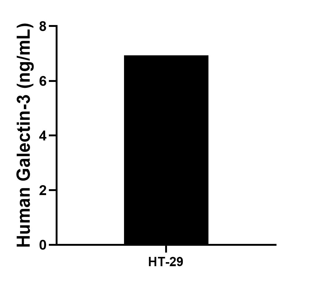 HT-29 cells were cultured in DMEM supplemented with 10% fetal bovine serum, 2.5 mM L-glutamine, 100 U/mL penicillin, and 100 μg/mL streptomycin sulfate. An aliquot of the cell culture supernate was removed, assayed for human Galectin-3, and measured 6.9 ng/mL. HT-29 cells were cultured in DMEM supplemented with 10% fetal bovine serum, 2.5 mM L-glutamine, 100 U/mL penicillin, and 100 μg/mL streptomycin sulfate. An aliquot of the cell culture supernate was removed, assayed for human Galectin-3, and measured 6.9 ng/mL.