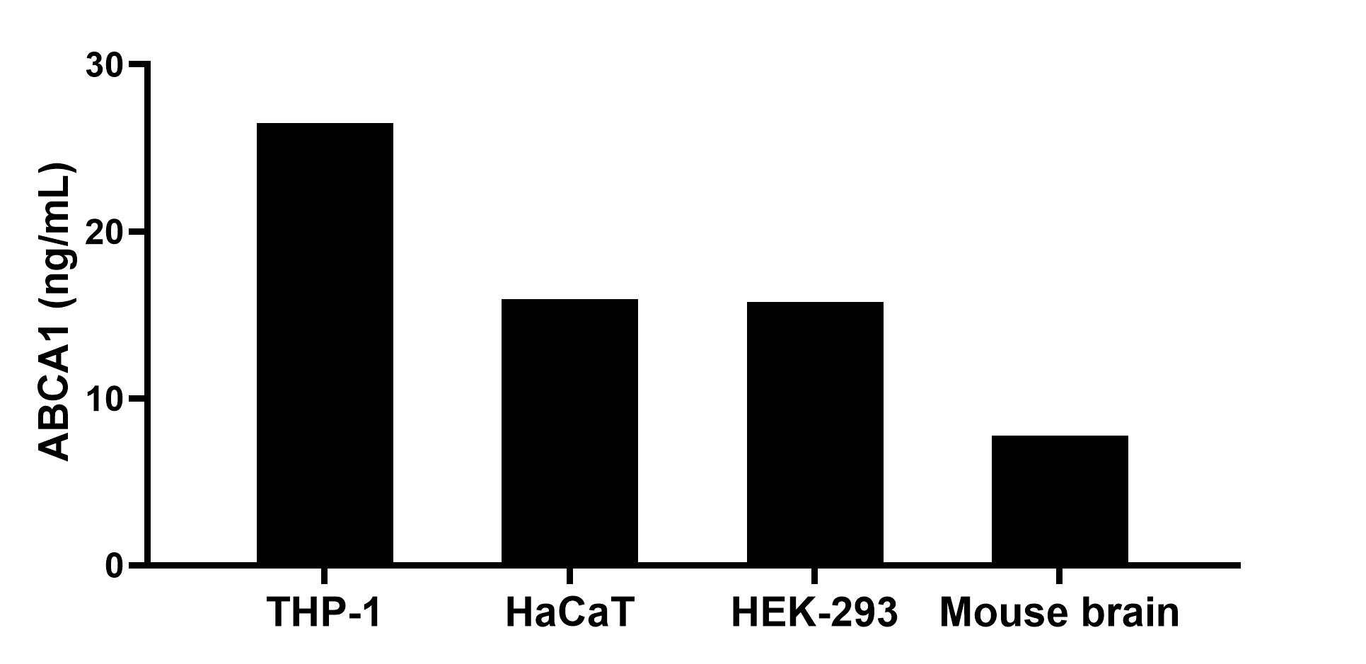 The mean ABCA1 concentration was determined to be 26.47 ng/mL in THP-1 cell extract based on a 1.20 mg/mL extract load, 15.96 ng/mL in HaCaT cell extract based on a 1.20 mg/mL extract load, 15.79 ng/mL in HEK-293 cell extract based on a 1.20 mg/mL extract load and 7.79 ng/mL in mouse brain extract based on a 1.20 mg/mL extract load. The mean ABCA1 concentration was determined to be 26.47 ng/mL in THP-1 cell extract based on a 1.20 mg/mL extract load, 15.96 ng/mL in HaCaT cell extract based on a 1.20 mg/mL extract load, 15.79 ng/mL in HEK-293 cell extract based on a 1.20 mg/mL extract load and 7.79 ng/mL in mouse brain extract based on a 1.20 mg/mL extract load.