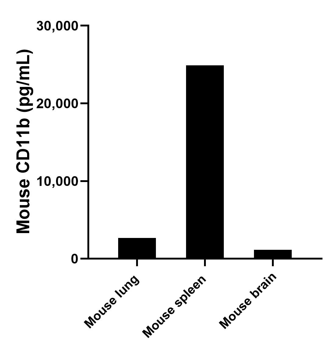 The mean CD11b concentration was determined to be 2,640.3 pg/mL in mouse lung tissue extract based on a 5.0 mg/mL, 24,896.3 pg/mL in mouse spleen tissue extract based on a 6.4 mg/mL extract load and 1,148.8 pg/mL in mouse brain tissue extract based on a 6.3 mg/mL extract load.
