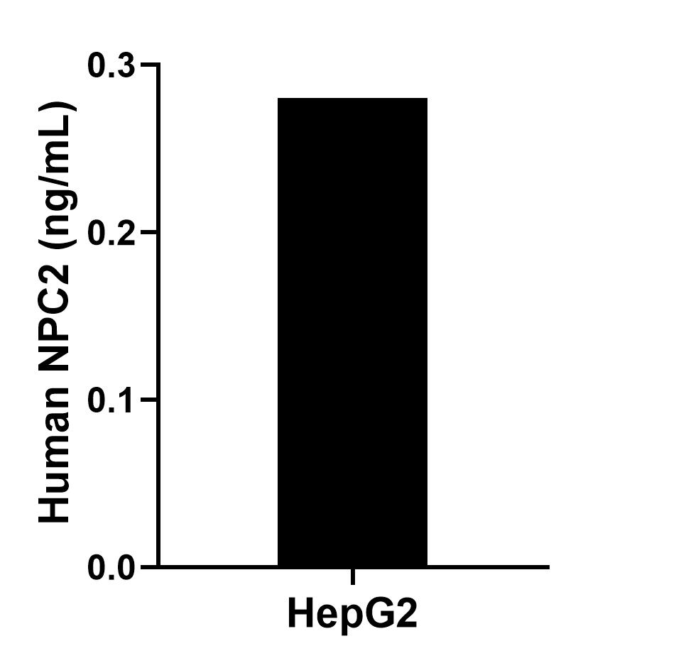 HepG2 were cultured in DMEM supplemented with 10% fetal bovine serum, 2.5 mM L-glutamine, 100 U/mL penicillin, and 100 ug/mL streptomycin sulfate. An aliquot of the cell culture supernate was removed, assayed for human NPC2, and measured 0.3 ng/mL. HepG2 were cultured in DMEM supplemented with 10% fetal bovine serum, 2.5 mM L-glutamine, 100 U/mL penicillin, and 100 ug/mL streptomycin sulfate. An aliquot of the cell culture supernate was removed, assayed for human NPC2, and measured 0.3 ng/mL.