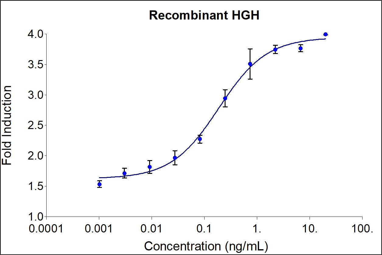 Recombinant human HGH (HZ-1007) stimulates dose-dependent proliferation of the NB211 rat lymphoma cell line. Cell number was quantitatively assessed by PrestoBlue® Cell Viability Reagent. NB211 cells were treated with increasing concentrations of recombinant HGH for 96 hours. The EC50 was determined using a 4-parameter non-linear regression model. The EC50 range is 0.05-0.5 ng/mL​.

